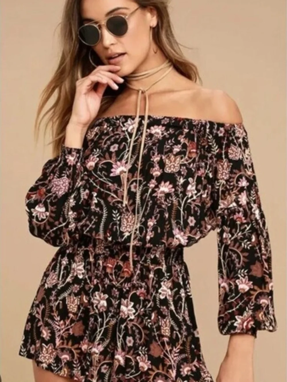 Free People Black Romper with Pink & Brown Floral Print